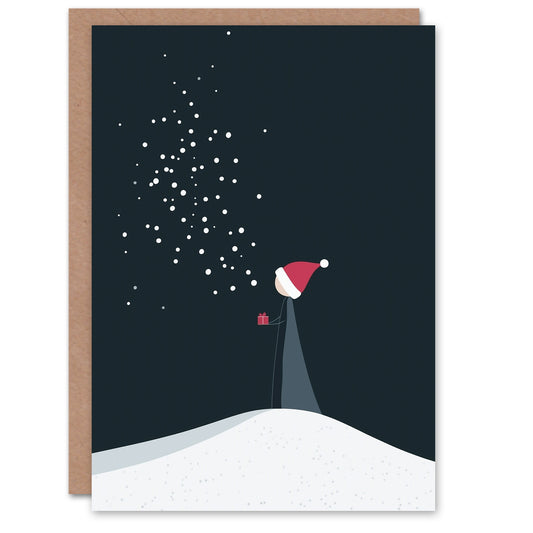 Santa Hat Child Present Snow Minimalist Modern Christmas Card