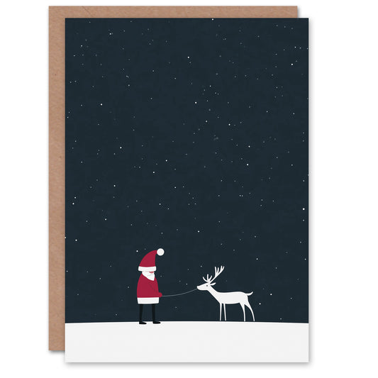 Santa Claus With White Reindeer in Snow Modern Christmas Card