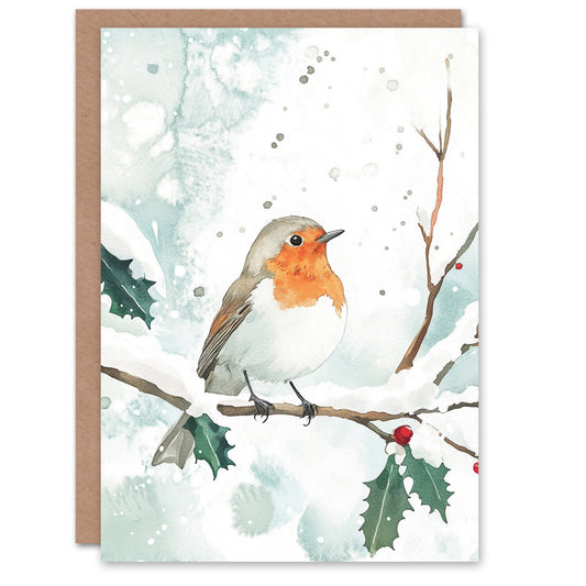 Robin Bird Holly Branch Winter Watercolour Christmas Card