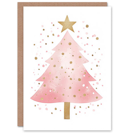 Pink Decorated Tree Gold Star Watercolour Christmas Card