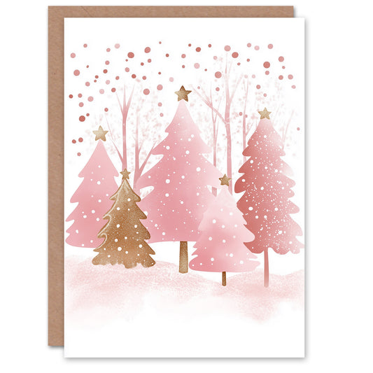 Pink Gold Decorated Tree Winter Watercolour Christmas Card