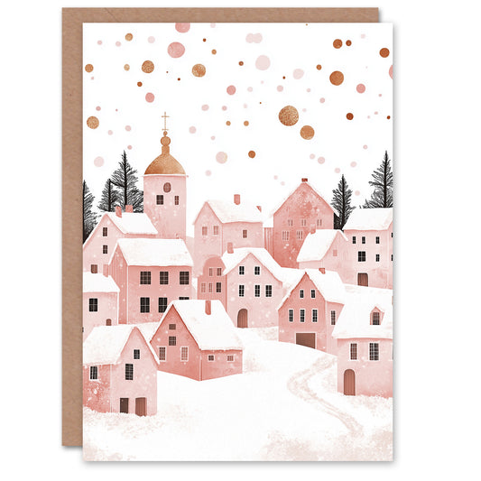Pink Gold Snow Townscape Winter Watercolour Christmas Card