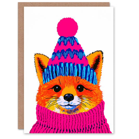 Cute Fox With Winter Hat and Jumper Pink Blue Christmas Card