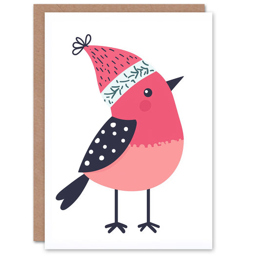 Robin Bird With Winter Hat Pink Blue Modern Christmas Card