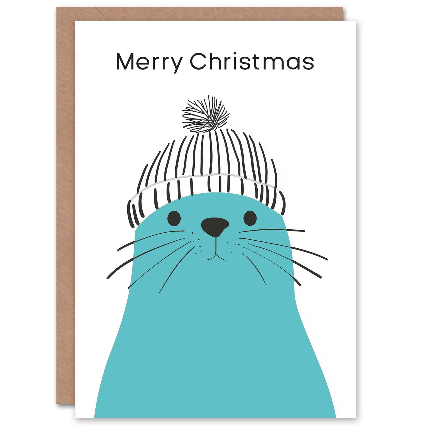 Cute Blue Seal With Winter Hat Bright Modern Christmas Card