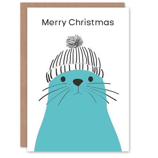 Cute Blue Seal With Winter Hat Bright Modern Christmas Card