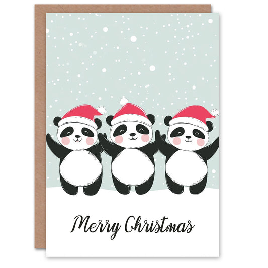 Santa Hat Dancing Panda Bear Trio Cute Cartoon Christmas Card