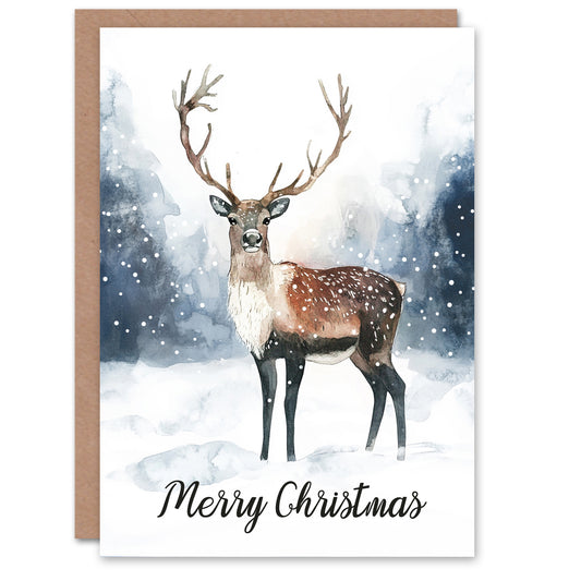 Reindeer Misty Winter Snow Landscape Watercolour Christmas Card
