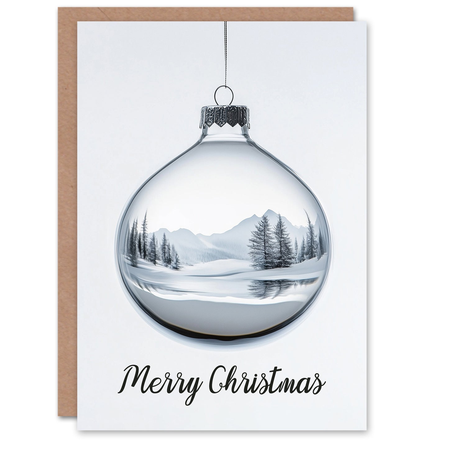 Winter Forest Landscape Reflected On Bauble Christmas Card