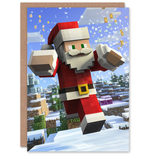 Santa Claus Winter Block World Video Game Design Christmas Card