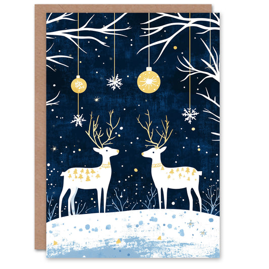 Reindeer Winter Forest Baubles Gold Blue Nordic Christmas Card