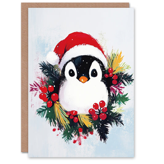 Cute Baby Penguin With Santa Hat in Holly Wreath Christmas Card