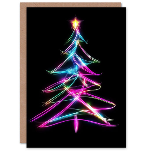 Neon on Black Colourful Tree Light Painting Christmas Card