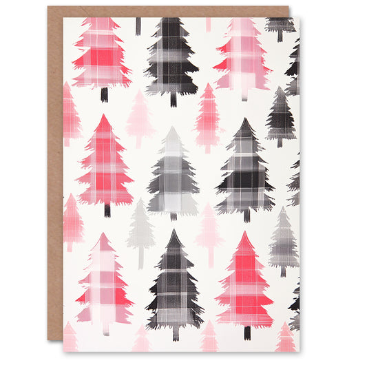 Pink Grey Scottish Tartan Pattern Trees Modern Christmas Card