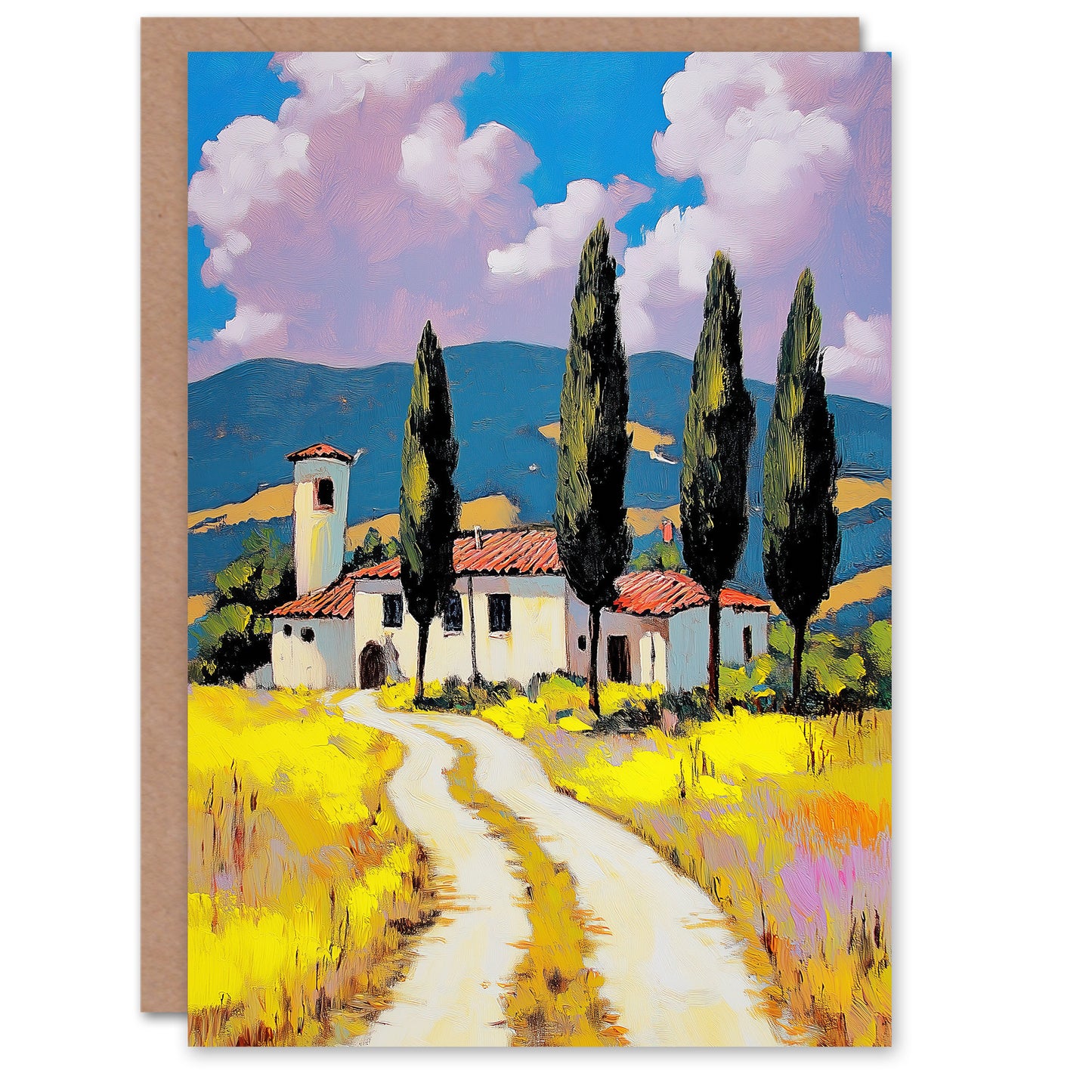 Italian Countryside Villa Cypress Trees Landscape Greeting Card