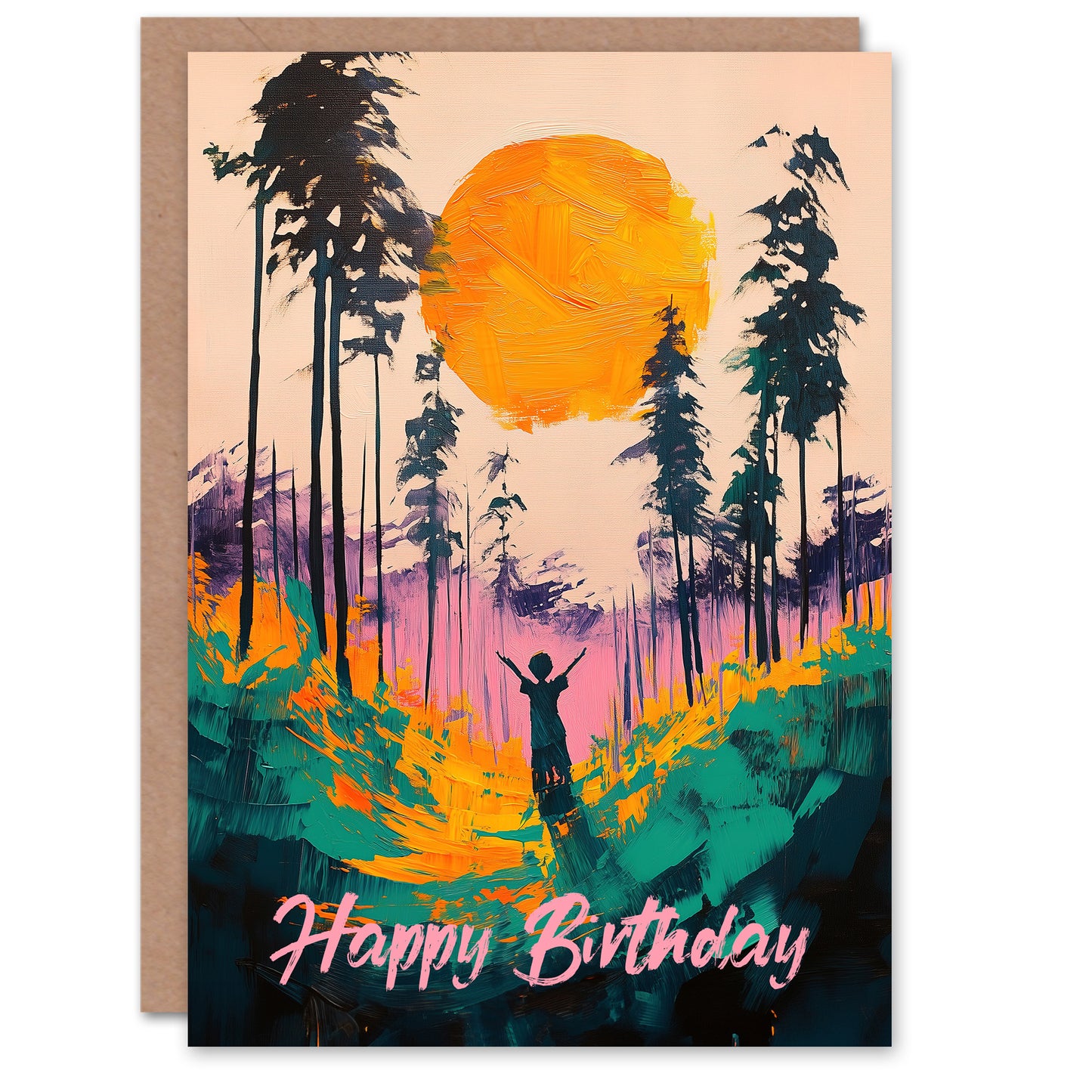Birthday Greeting Card Forest Sunrise Joy Abstract Landscape Painting