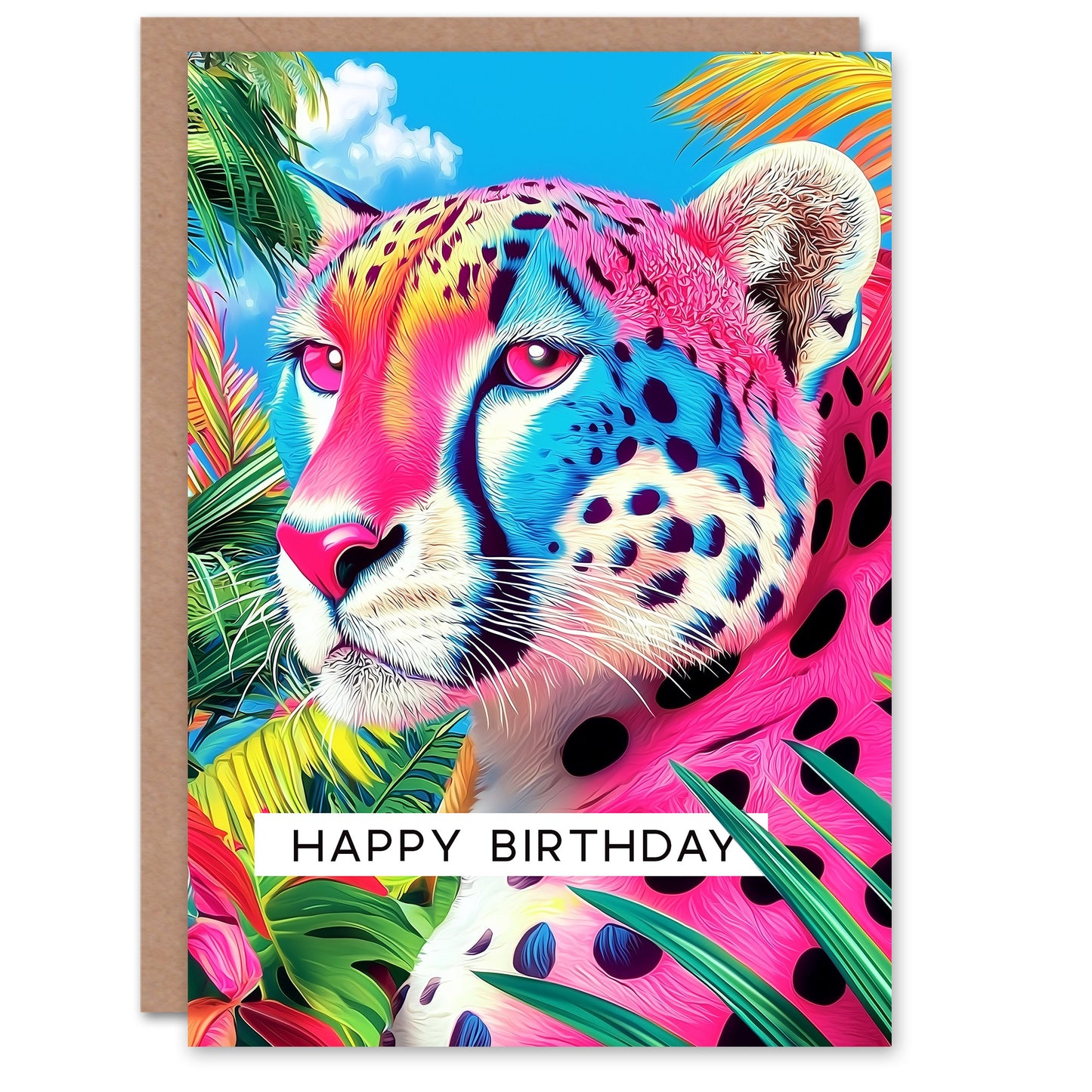 Birthday Greeting Card Colourful Cheetah And Jungle Plants Animal Lover