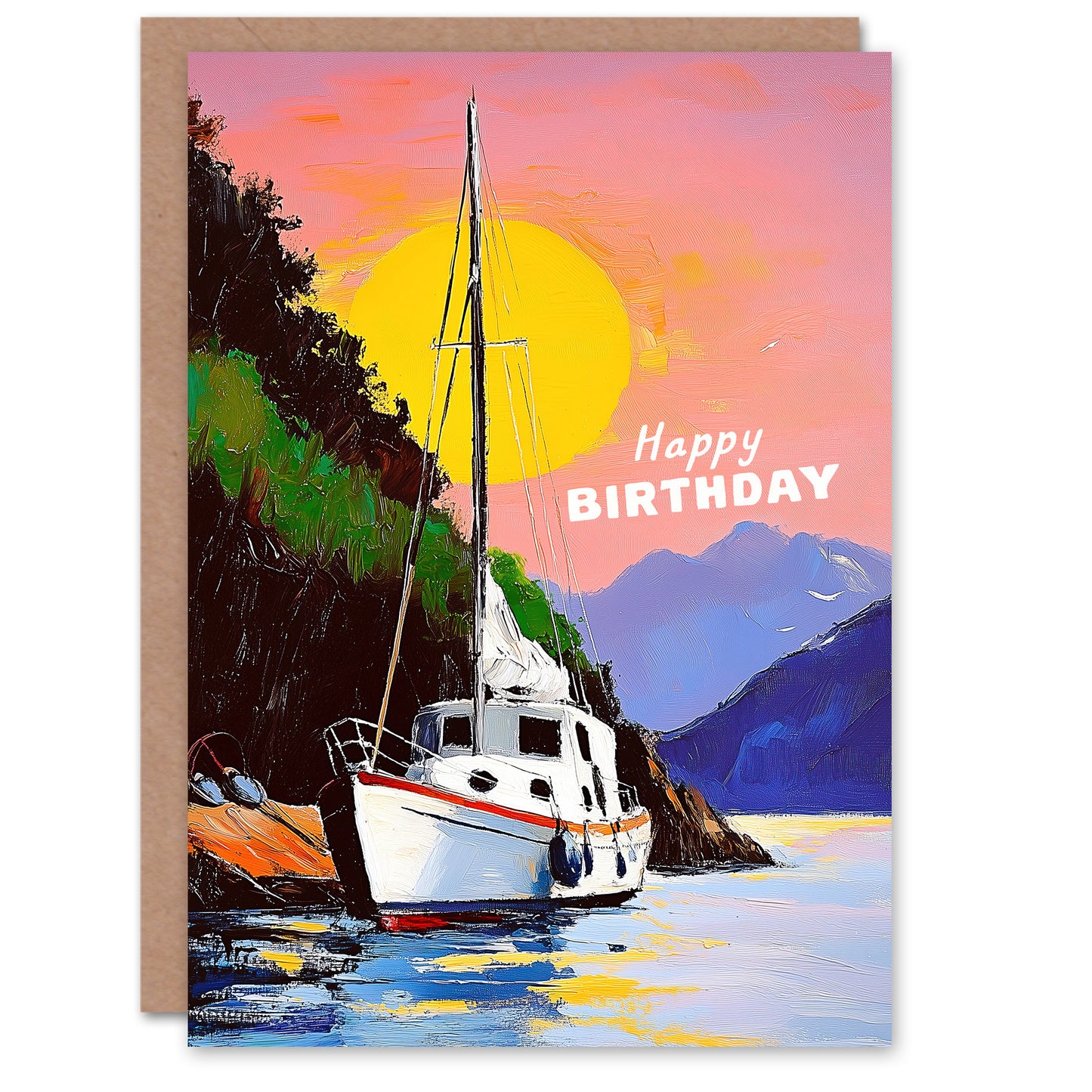 Birthday Greeting Card Docked Sailboat Harbour Sunset Coastal Landscape