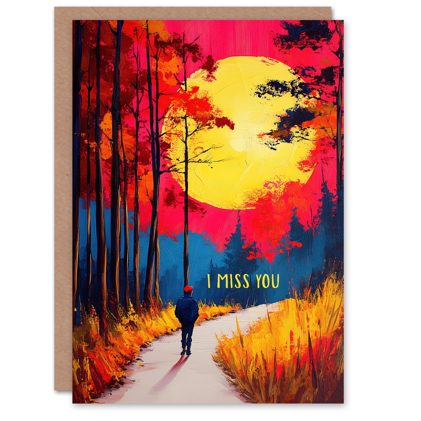 Miss You Greeting Card Autumn Forest Path Walk Vibrant Sunset Sky