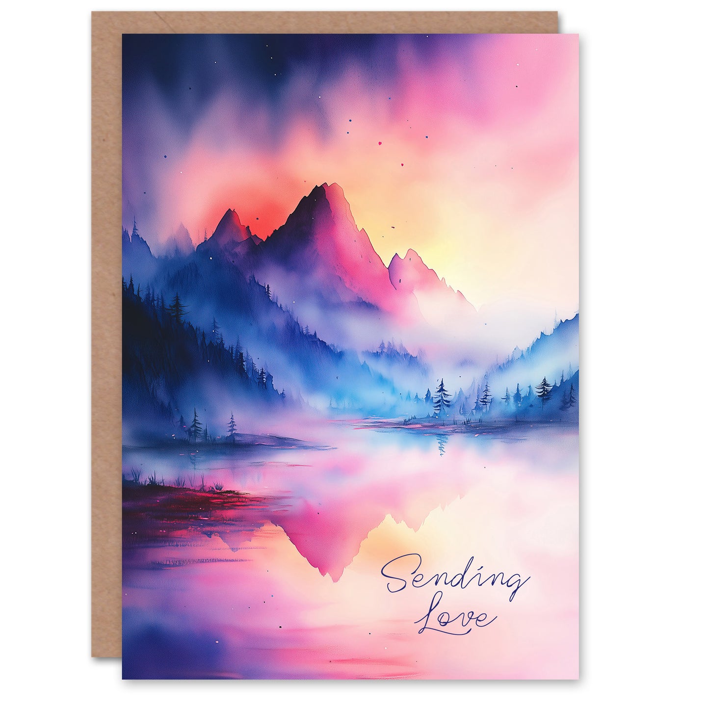 Sympathy Greeting Card Sending Love Watercolour Mountain Lake Landscape