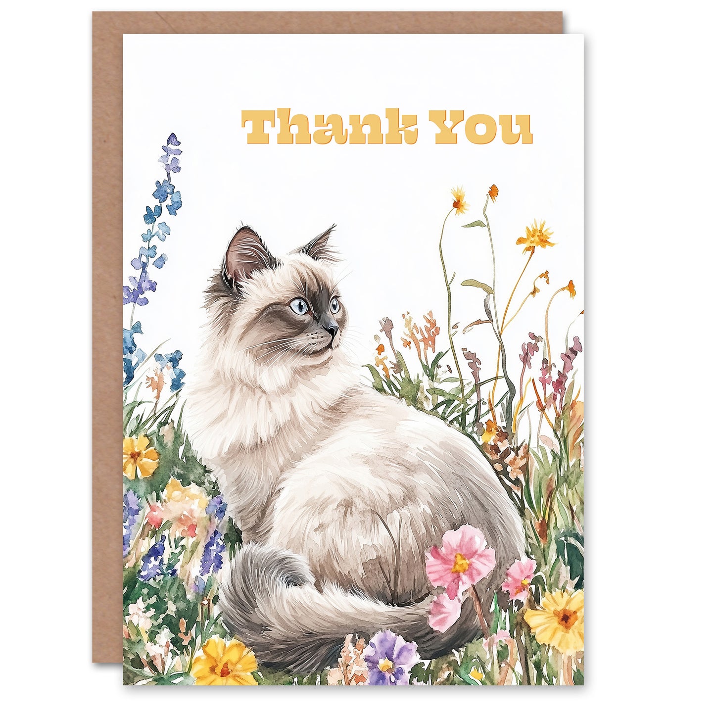 Thank You Greeting Card Ragdoll Cat Lover Pet and Wildflowers Watercolour
