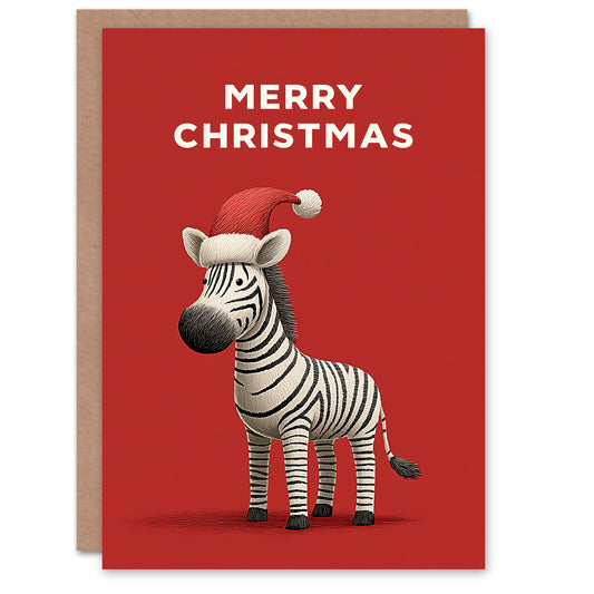Christmas Card Cute Cartoon Style Zebra Wearing Santa Hat