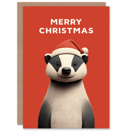 Christmas Card Cute Smiling European Badger Wearing Santa Hat