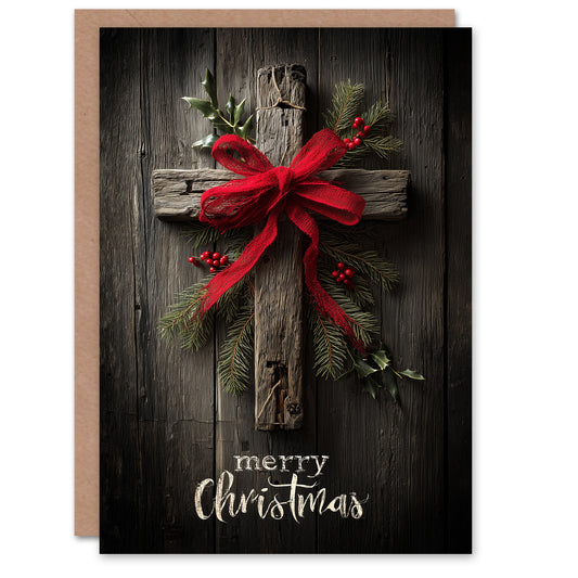 Christmas Card Wooden Cross With Pine Holly and Red Bow