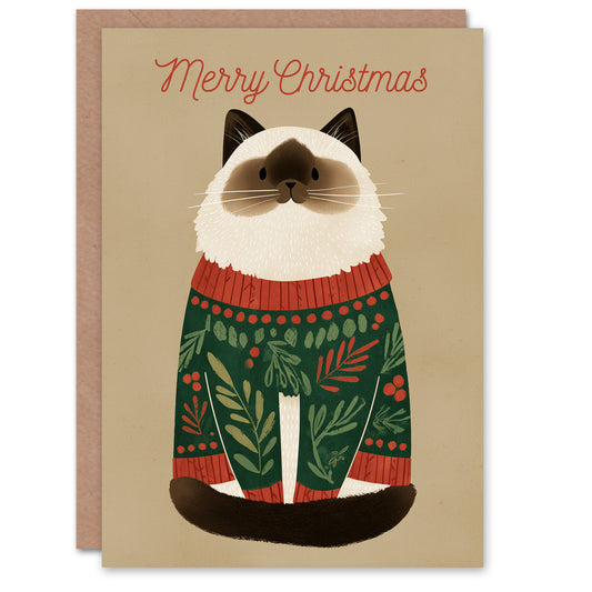Christmas Card Cute Brown Point Ragdoll Cat in Festive Sweater