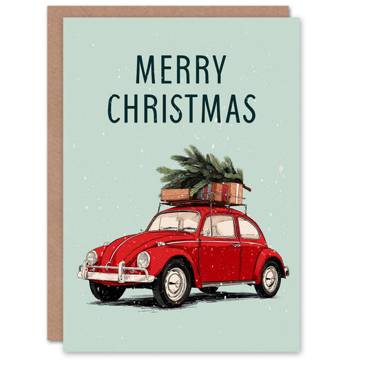 Christmas Card Classic Car Carrying Christmas Tree and Presents