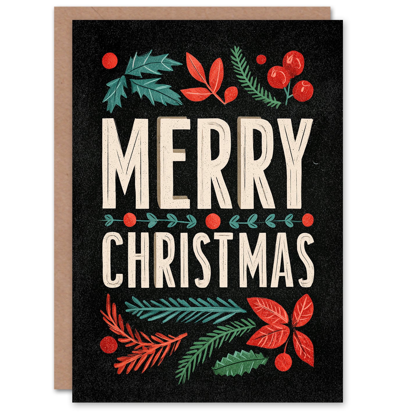 Christmas Card Holly Pine Leaves Berries Retro Typography