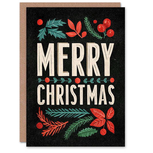 Christmas Card Holly Pine Leaves Berries Retro Typography