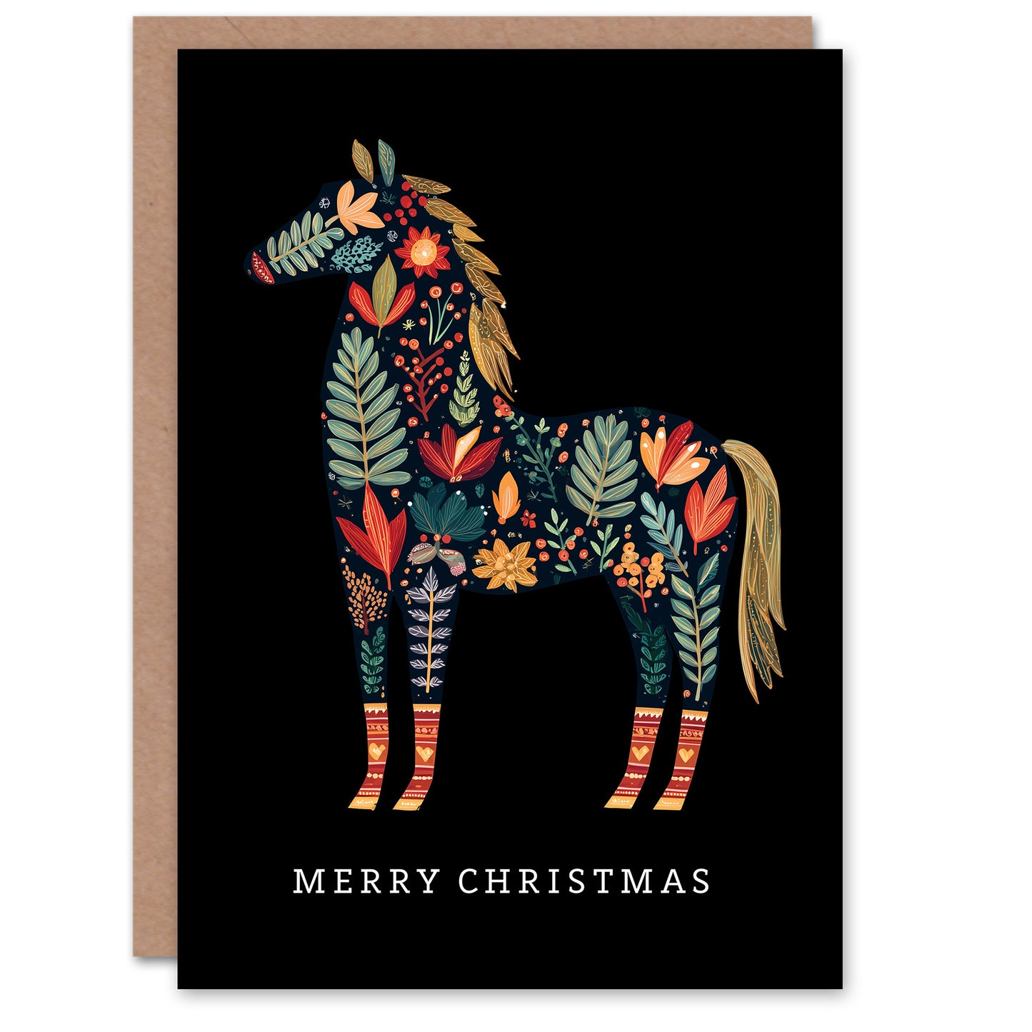 Christmas Card Horse Silhouette Festive Abstract Folk Art