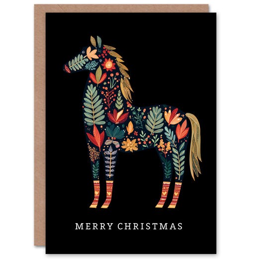 Christmas Card Horse Silhouette Festive Abstract Folk Art