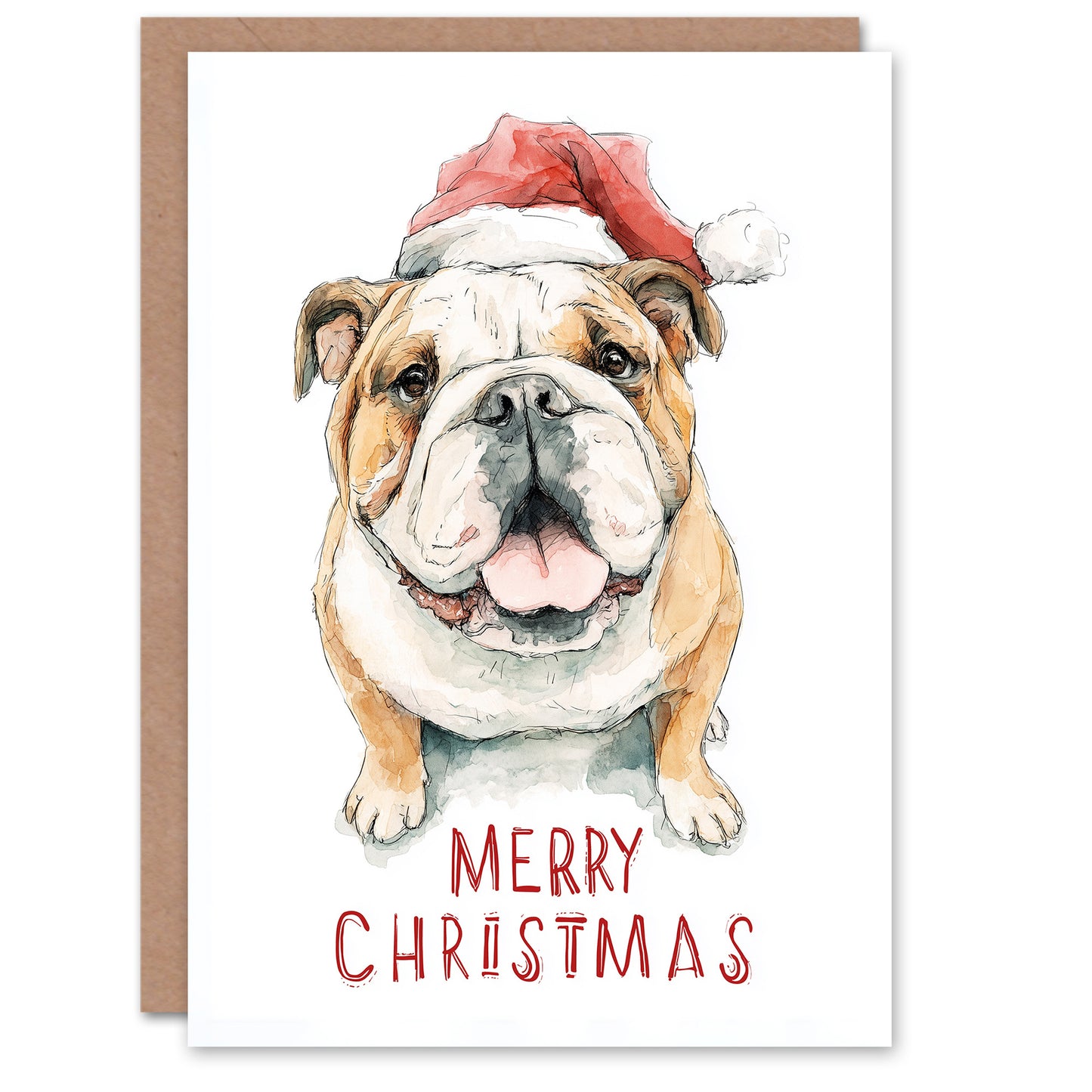 Christmas Card Happy English Bulldog in Santa Hat Watercolour