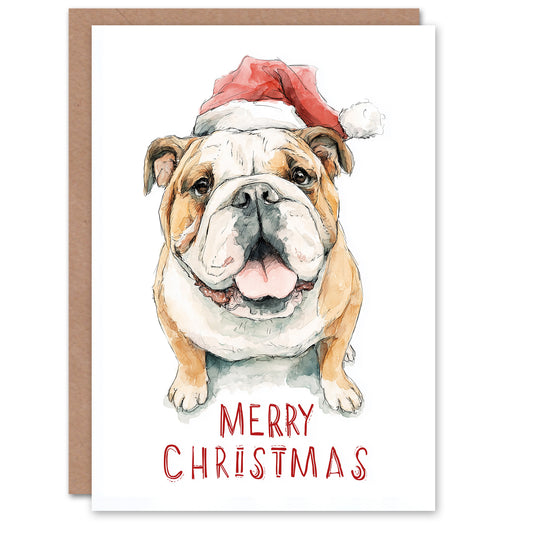 Christmas Card Happy English Bulldog in Santa Hat Watercolour