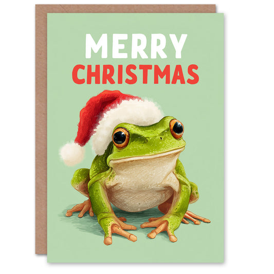 Christmas Card Cute Happy Green Frog In Santa Hat Illustration