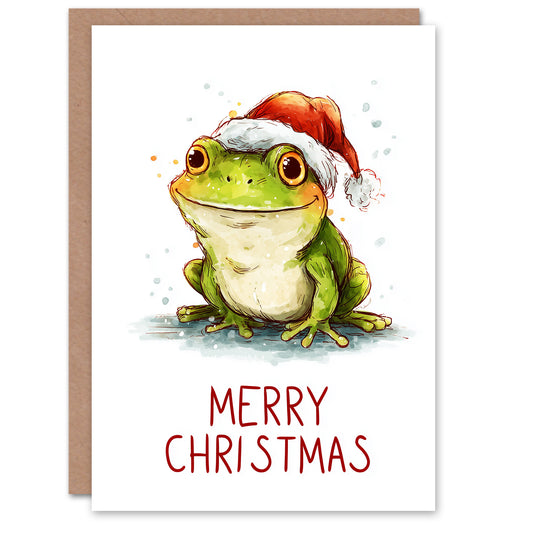 Christmas Card Cute Happy Cartoon Green Frog In Santa Hat