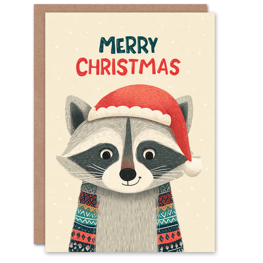 Christmas Card Cute Cartoon Style Racoon In Santa Hat with Scarf