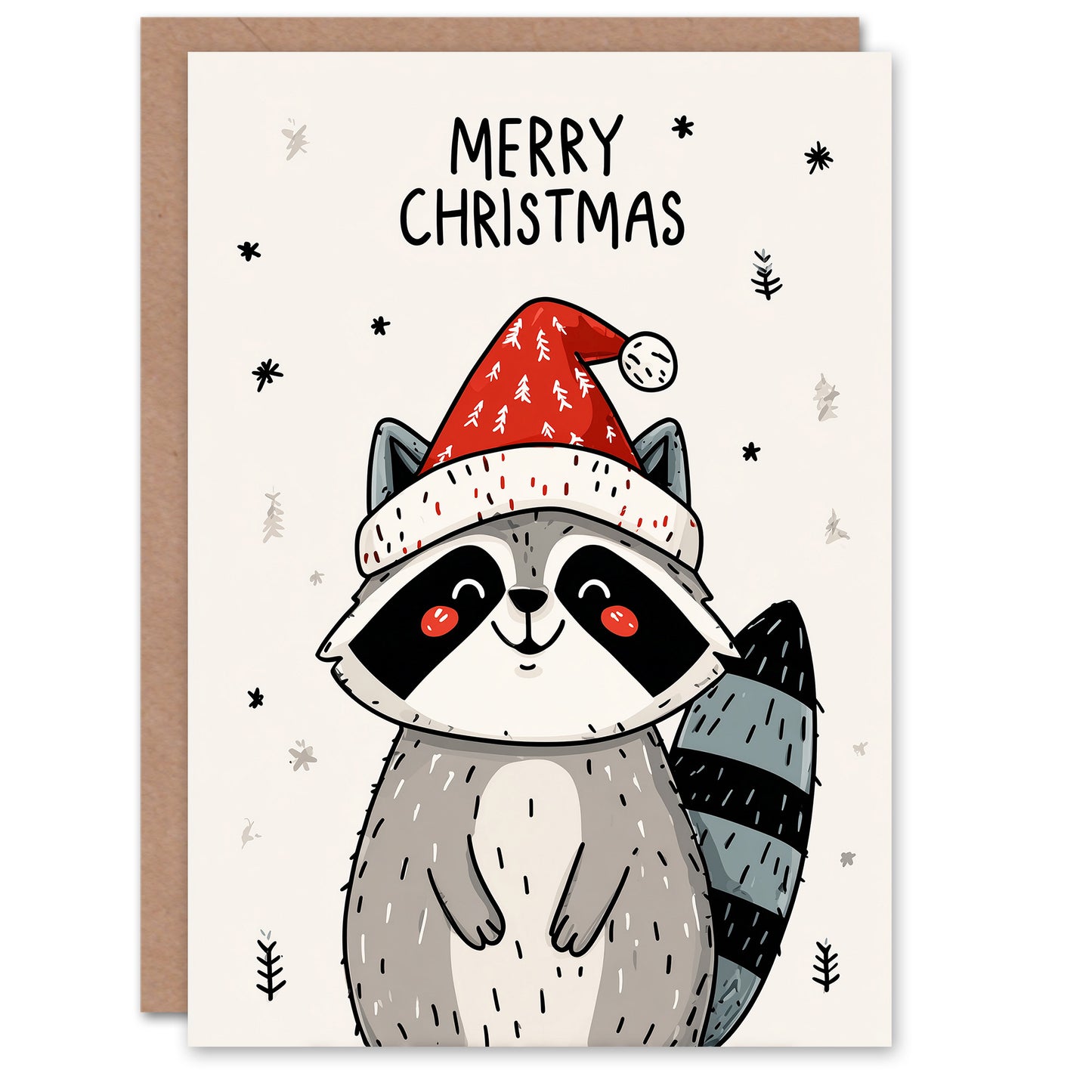 Christmas Card Cute Happy Kawaii Cartoon Racoon In Santa Hat