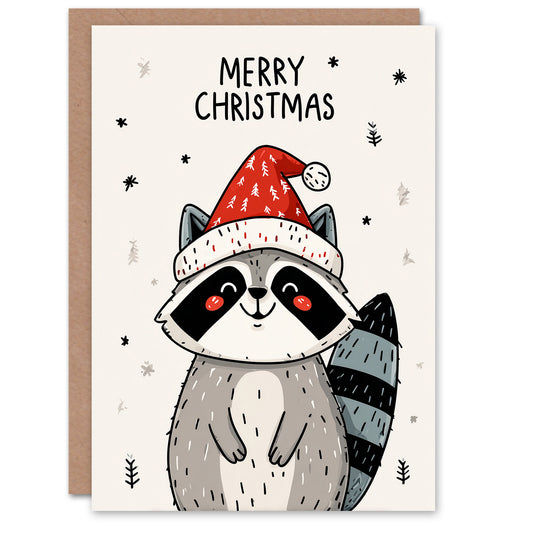Christmas Card Cute Happy Kawaii Cartoon Racoon In Santa Hat