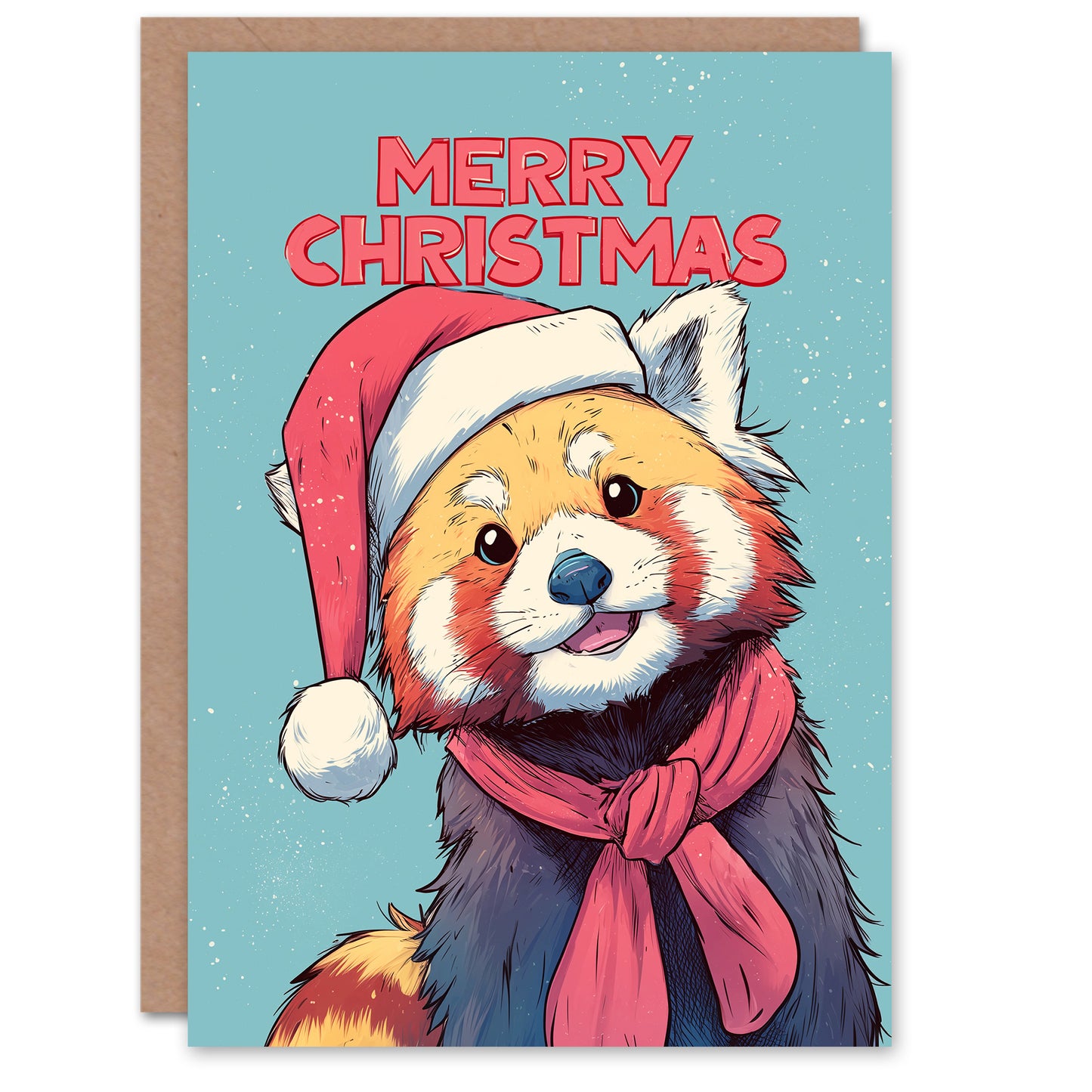 Christmas Card Cute Cartoon Red Panda in Santa Hat Illustration