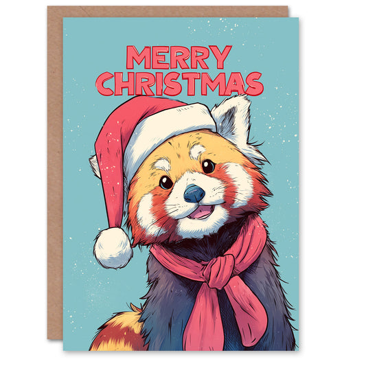 Christmas Card Cute Cartoon Red Panda in Santa Hat Illustration