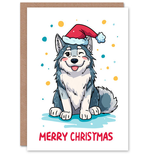Christmas Card Cute Happy Cartoon Wolf Wearing Santa Hat