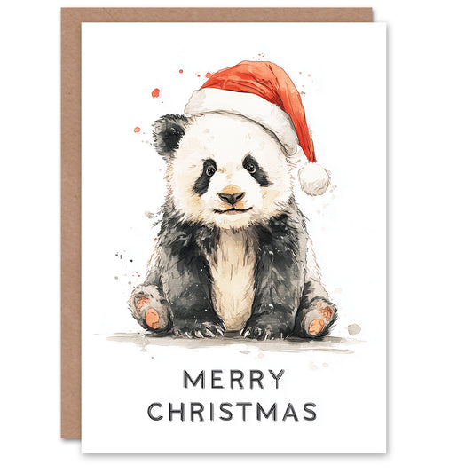Christmas Card Cute Panda Bear Wearing a Santa Hat Watercolour