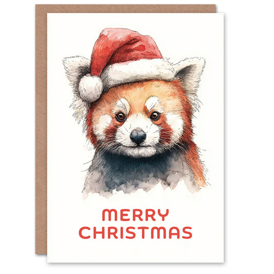 Christmas Card Cute Red Panda Wearing a Santa Hat Watercolour