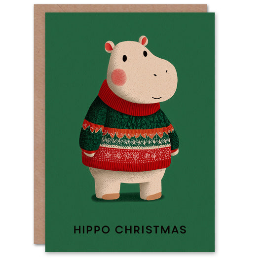Christmas Card Cute Baby Pygmy Hippopotamus with Festive Sweater