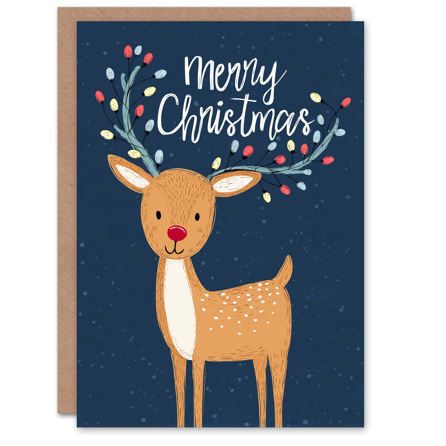Christmas Card Cute Reindeer Rudolph With Antler String Lights