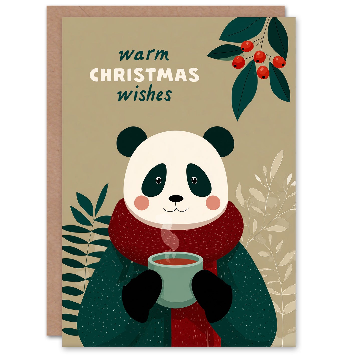 Christmas Card Cute Happy Panda With Hot Chocolate Cup