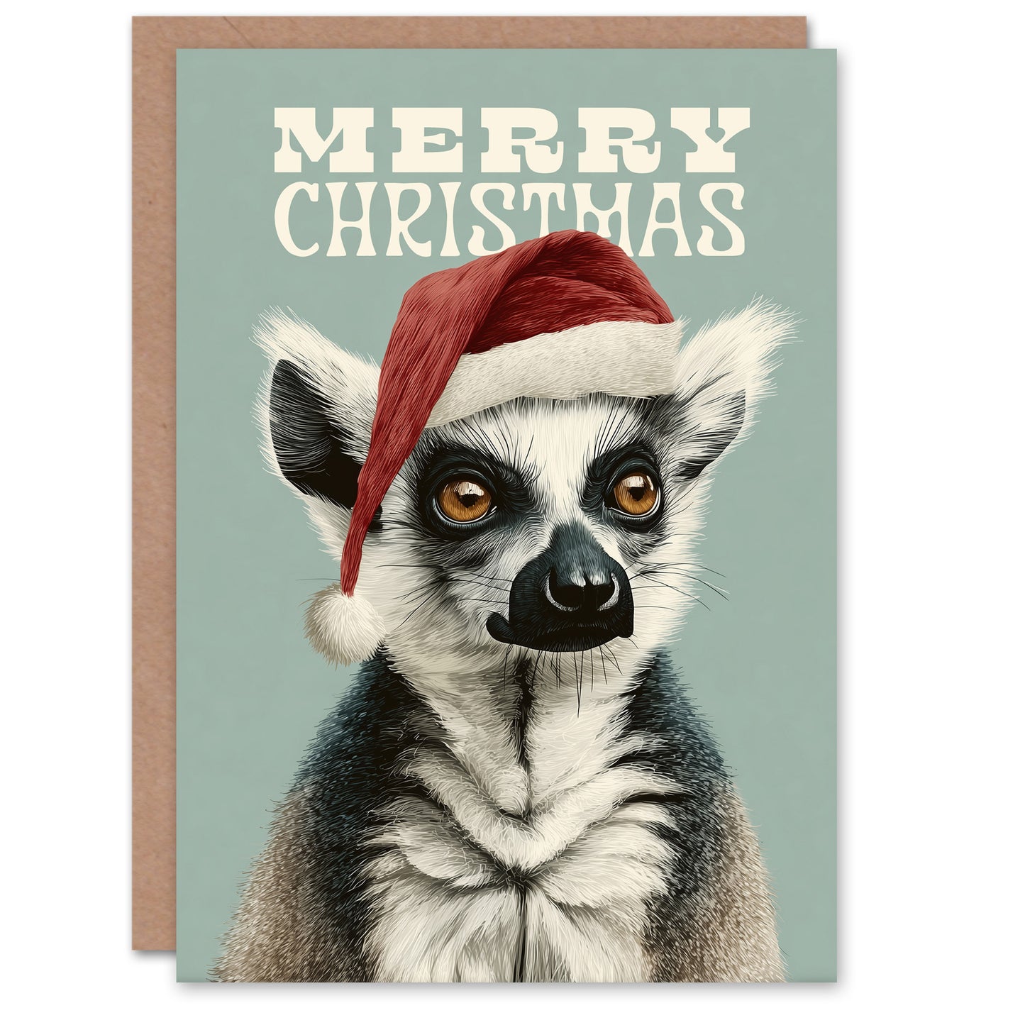Christmas Card Lemur Wearing a Santa Hat Festive Animal Portrait
